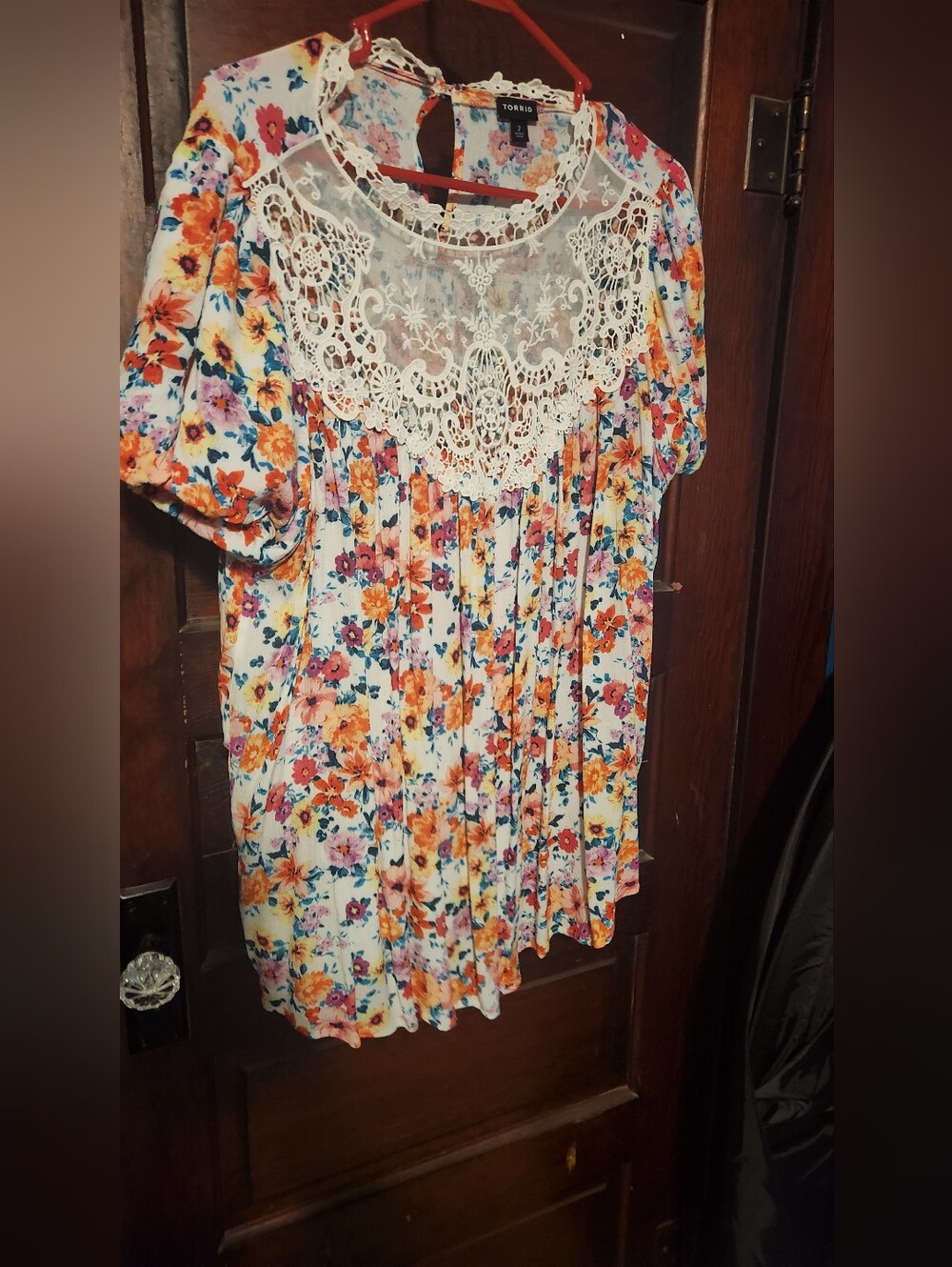 torrid Floral Lace Yoke Top - White with Orange, Pink, Blue & Green Flowers